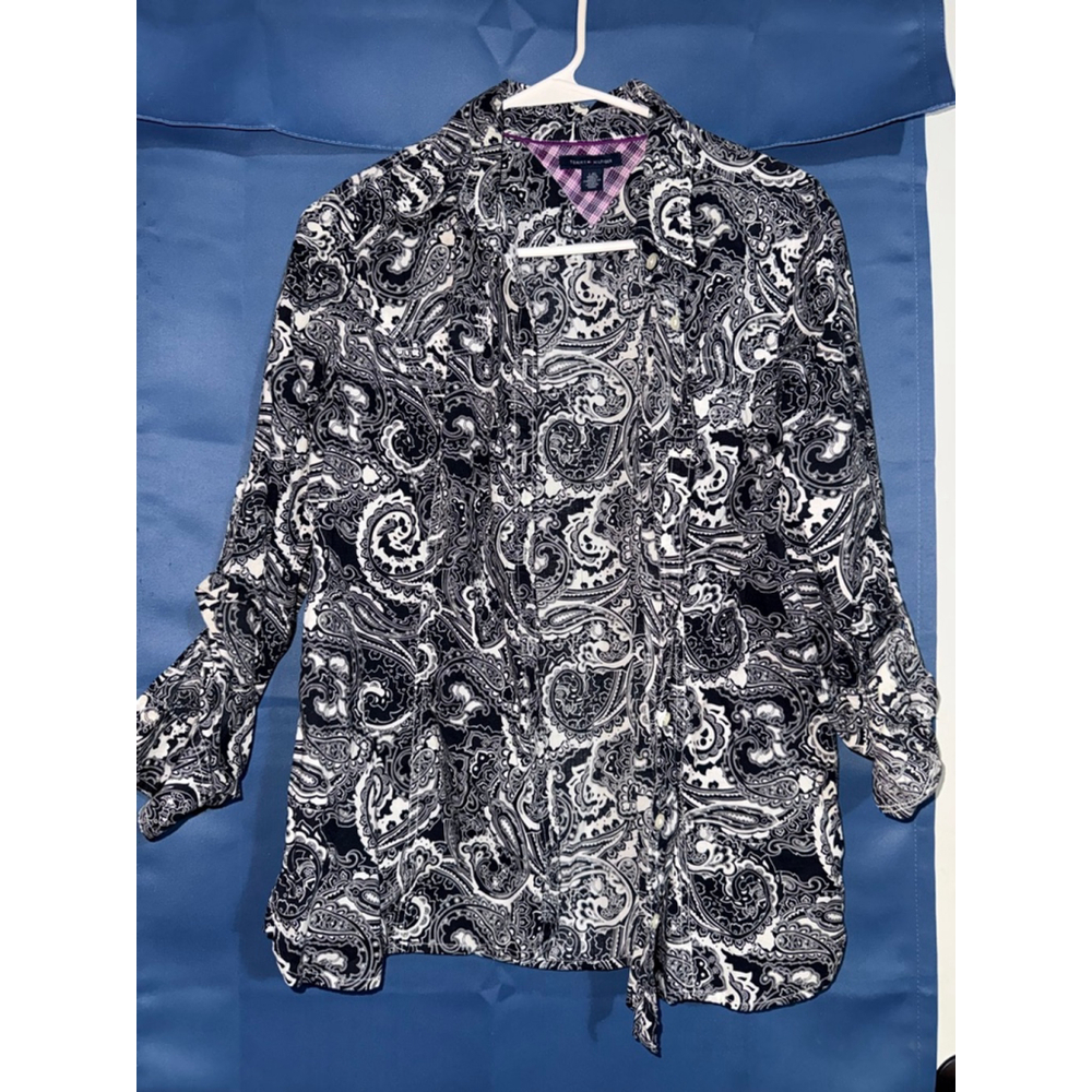Tommy Hilfiger Womens Large Paisley Long Sleeve Black & White Button Up Shirt
R